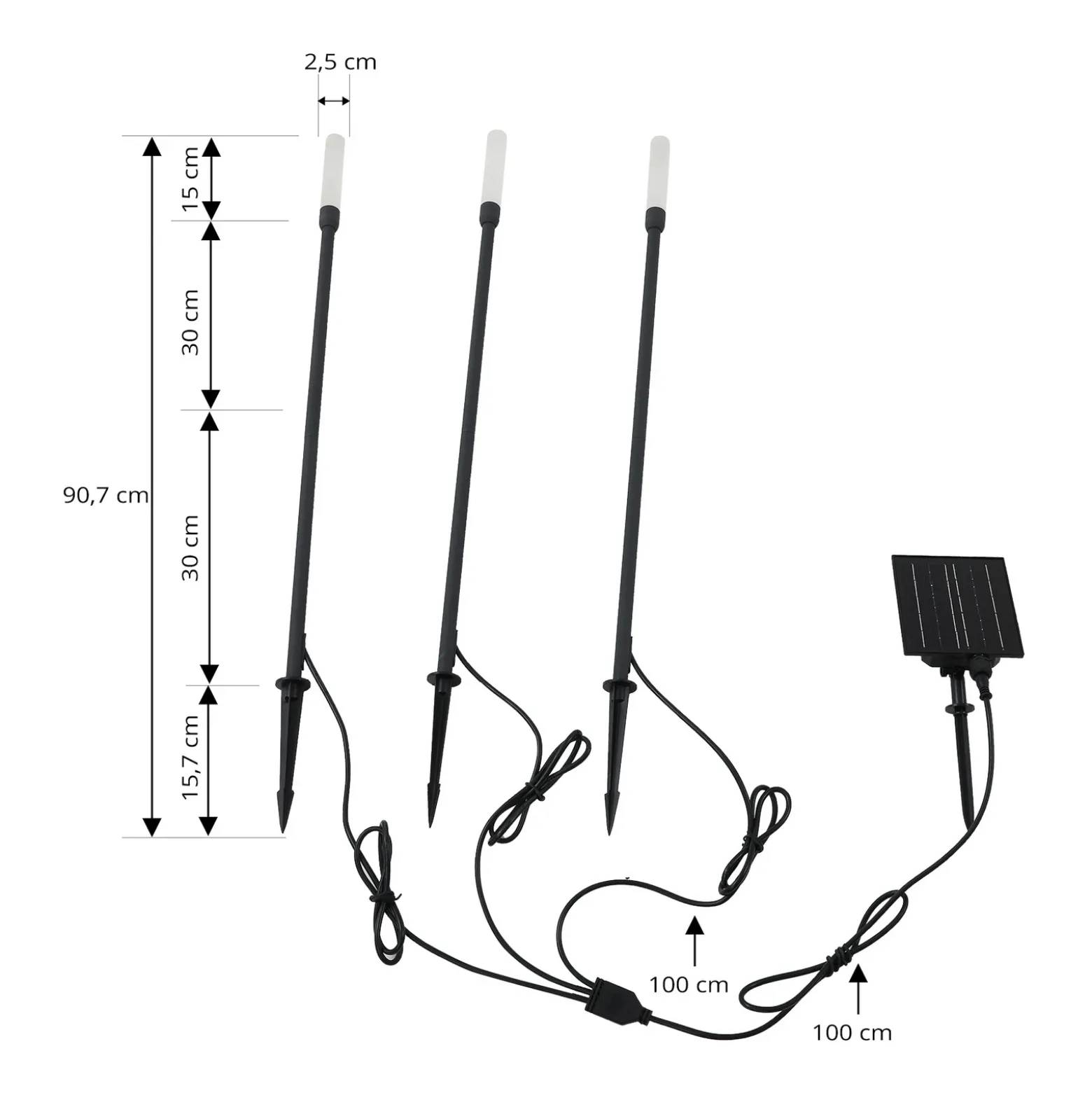 Lámpara LED solar Lindby Balian, juego de 3, negro, aluminio, 3000 K