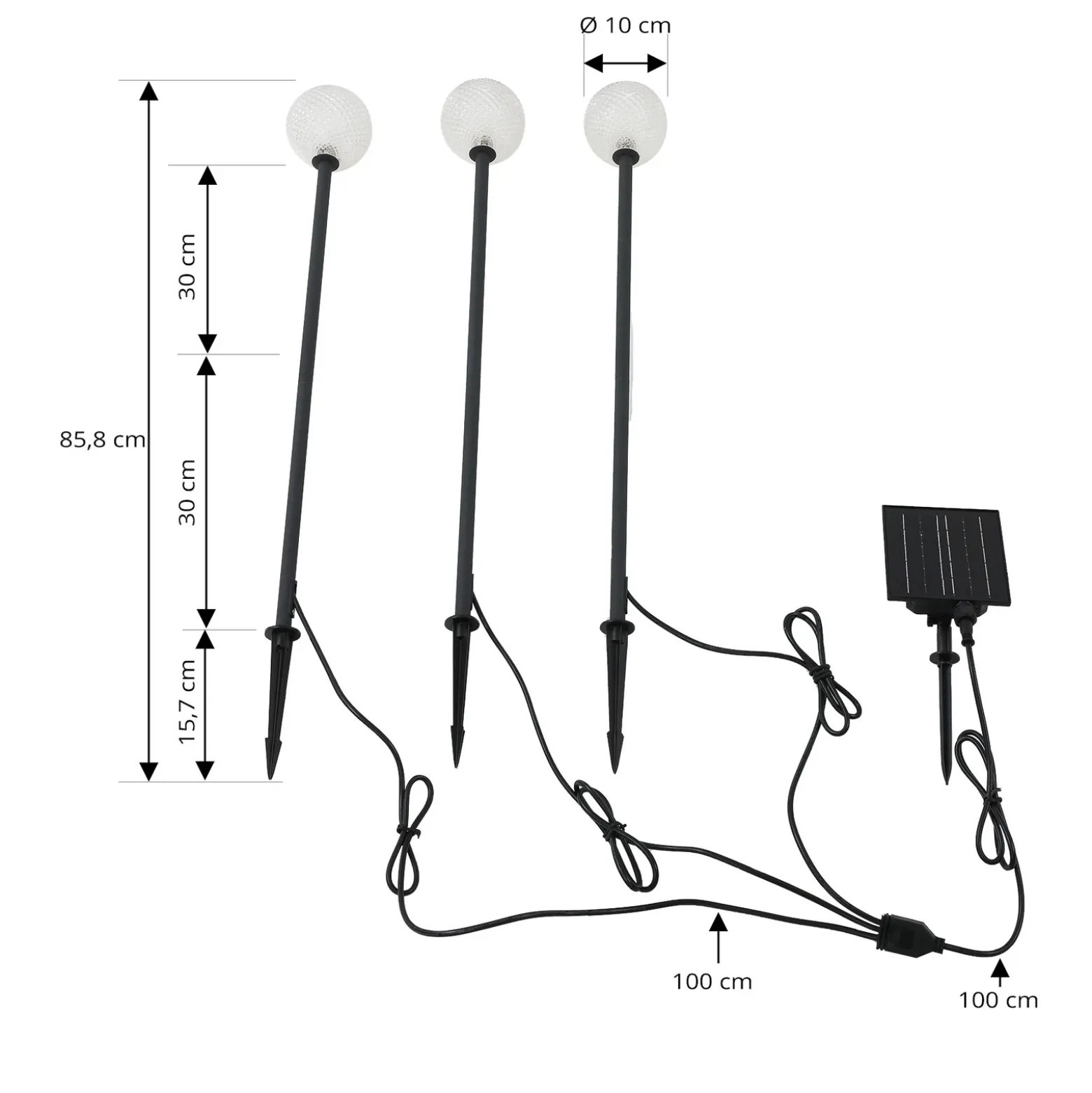 Lámpara LED solar Lindby Brindley, juego de 3, negro, cristal