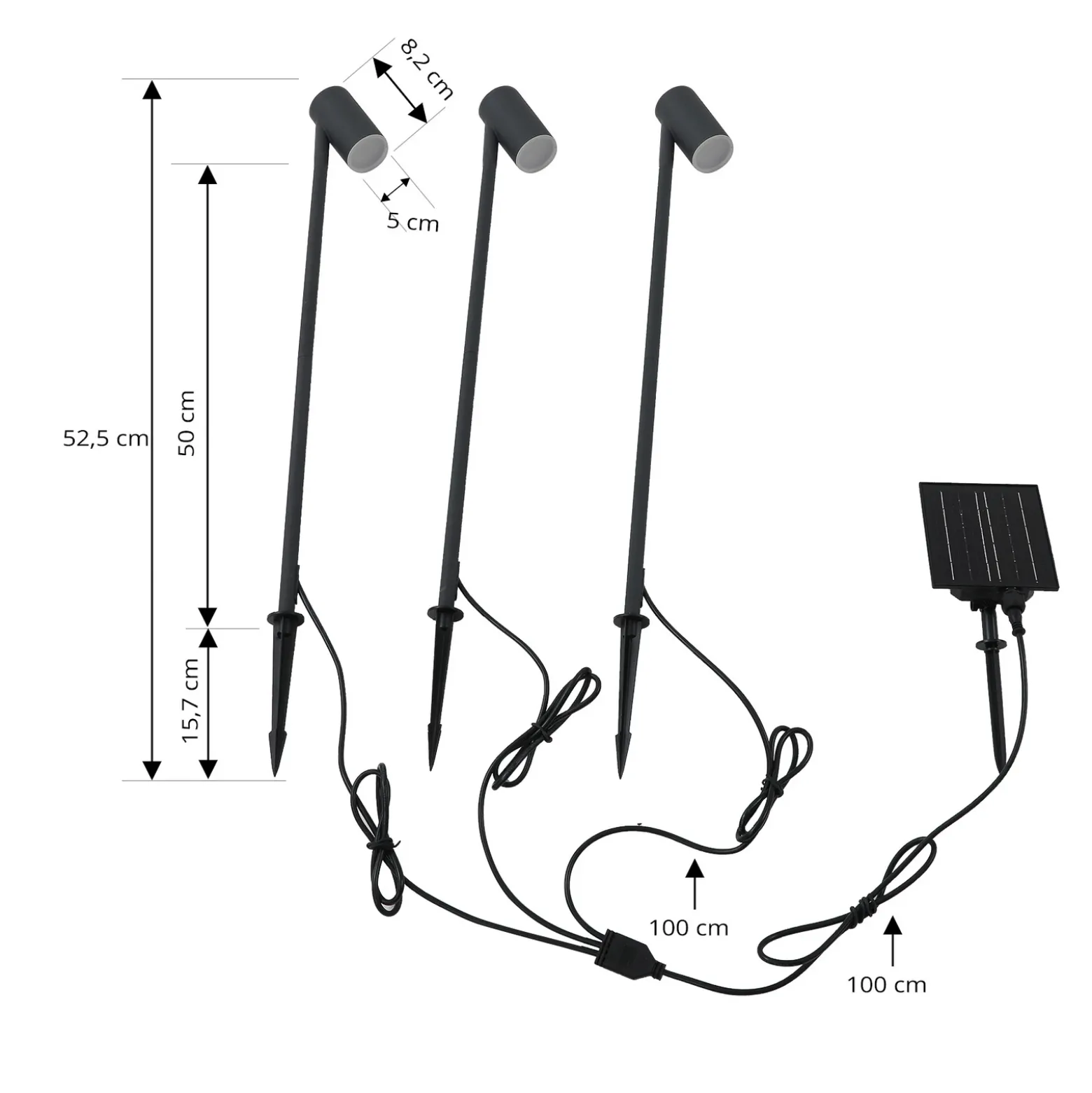 Lámpara LED solar Lindby Myric, juego de 3, negro, aluminio, 3000 K