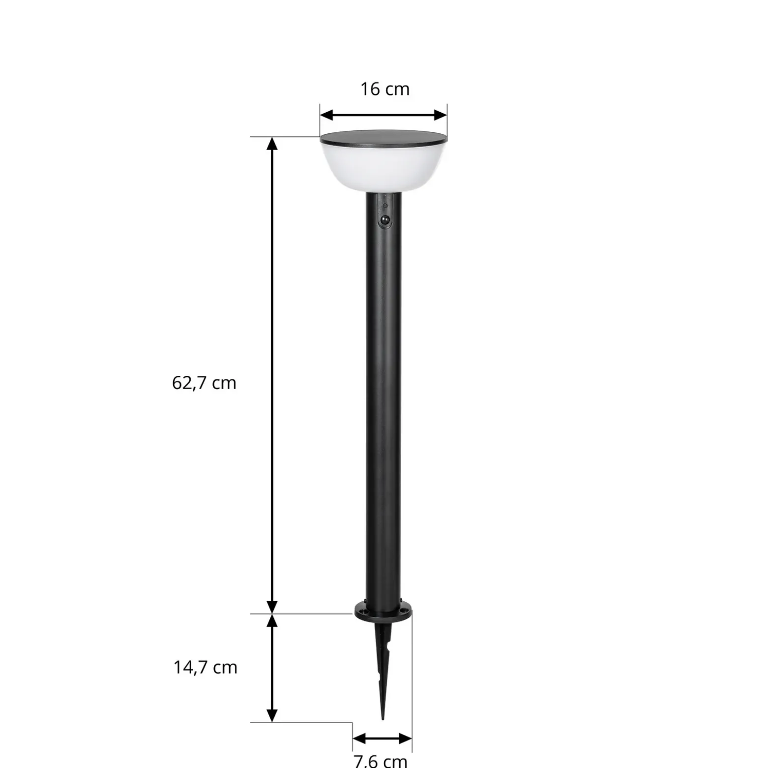 Lámpara LED solar para caminos Lindby Obintu, negra, 63 cm, con sensor