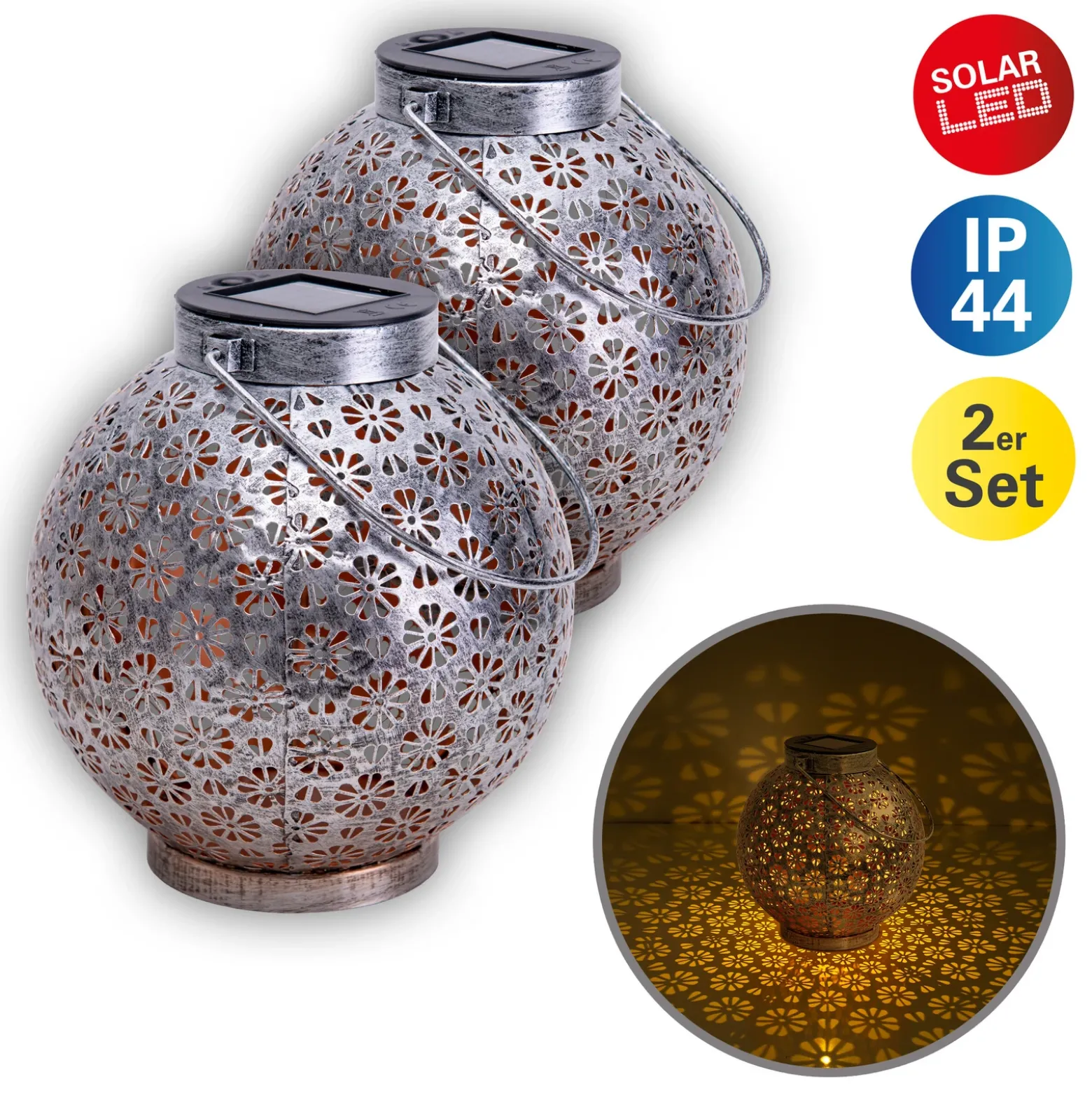 Lámpara LED solar 52854, plateada, metal, 20 cm, IP44, juego de 2