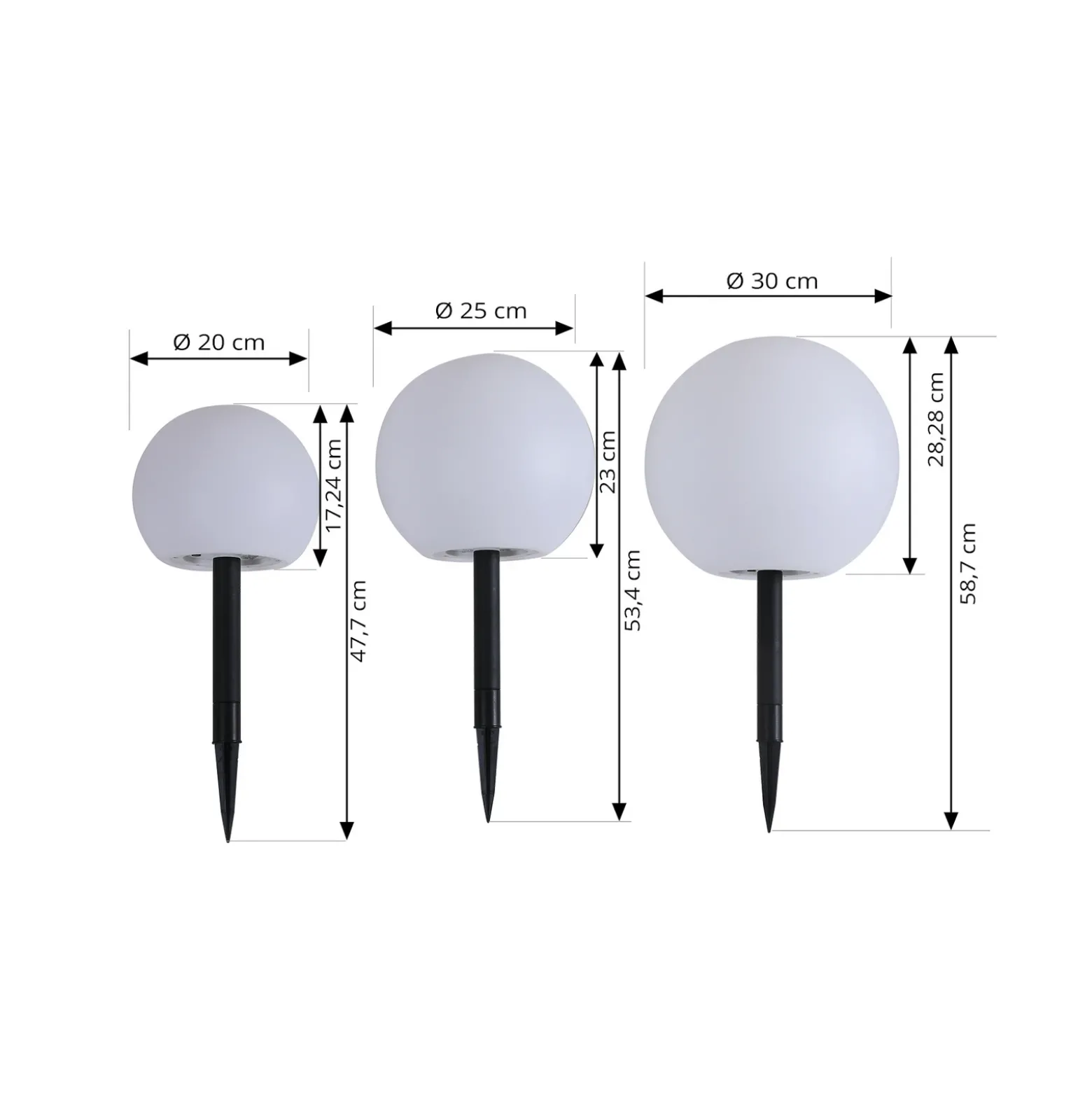 Lámparas LED solares Lago de Lindby, juego de 3, globos, pincho de suelo, blanco