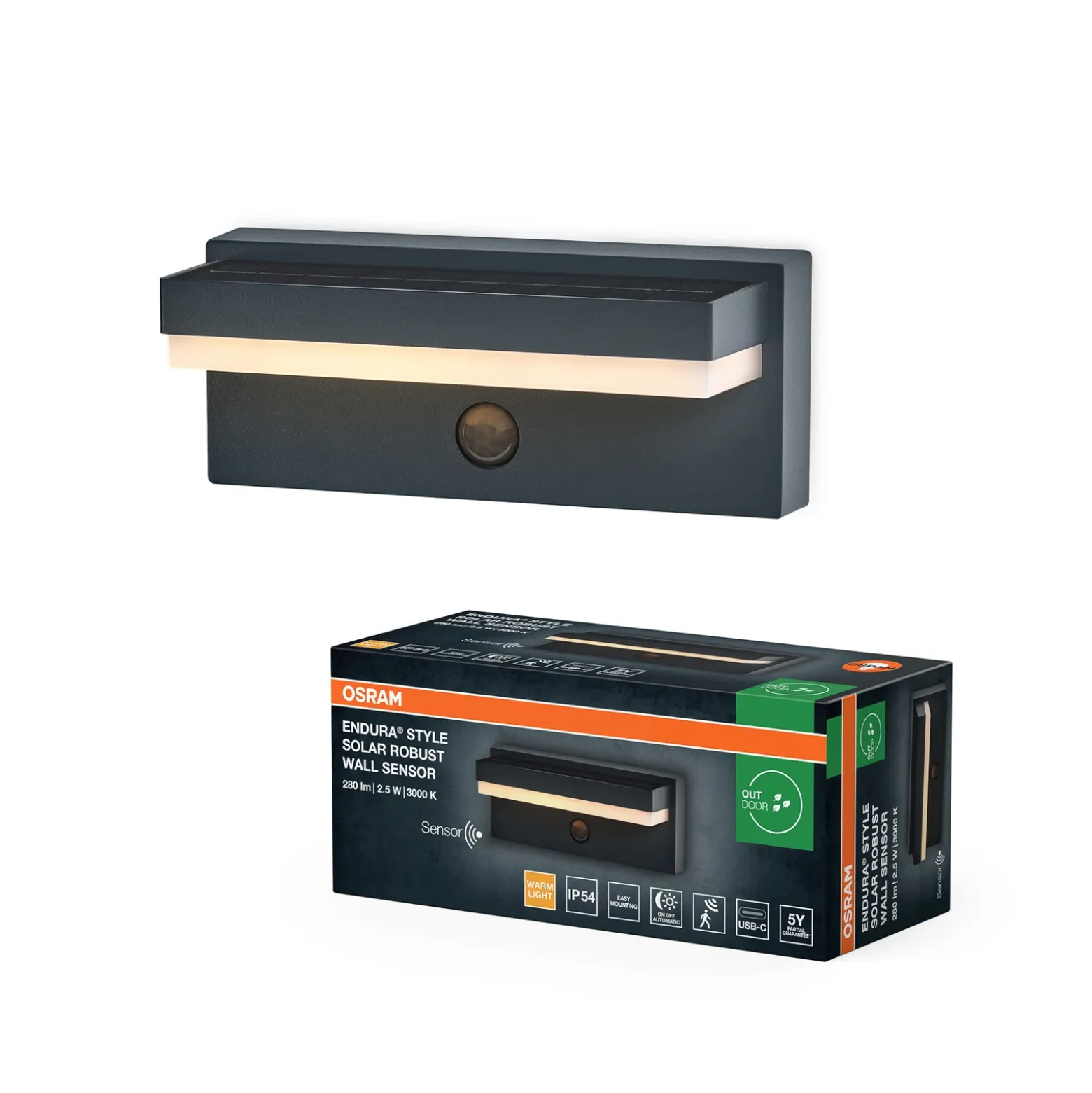 Lámpara solar OSRAM ENDURA STYLE ROBUST gris, sensor IP54 USB