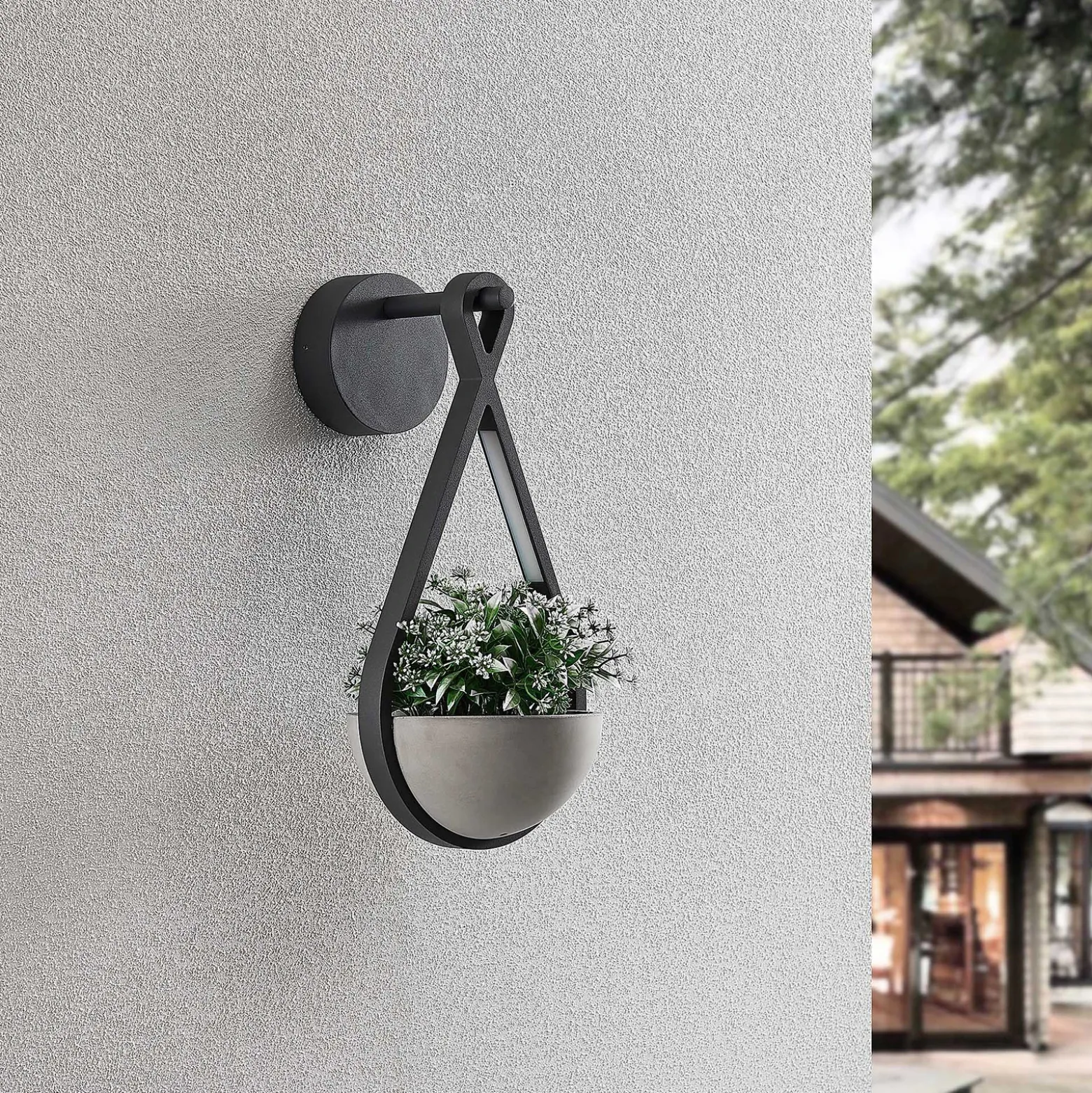 Lucande Aplique LED para exterior Florka, piedra natural, cesta colgante