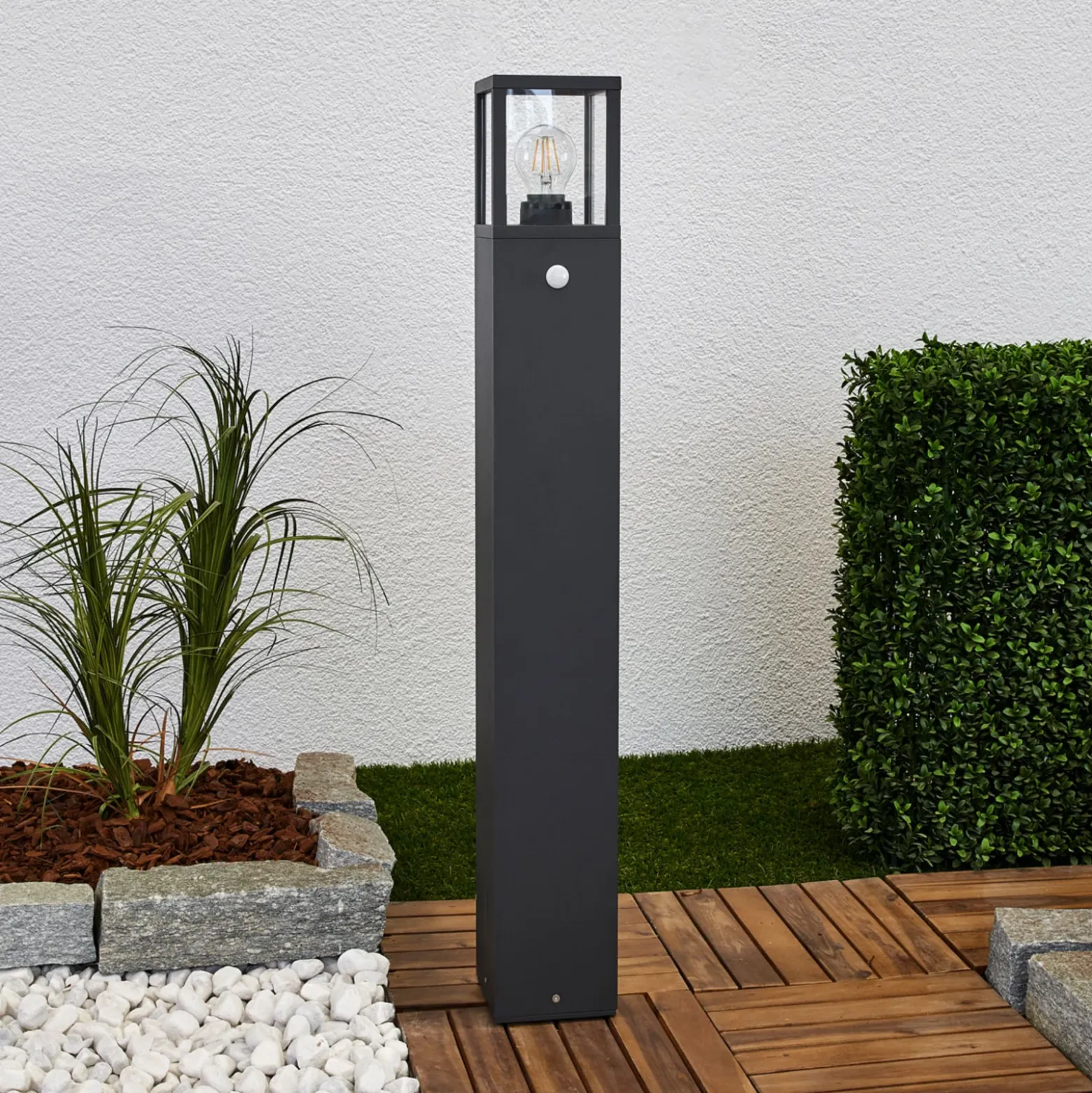 Lucande Bolardo luminoso Klemens, 90 cm, sensor, antracita, E27