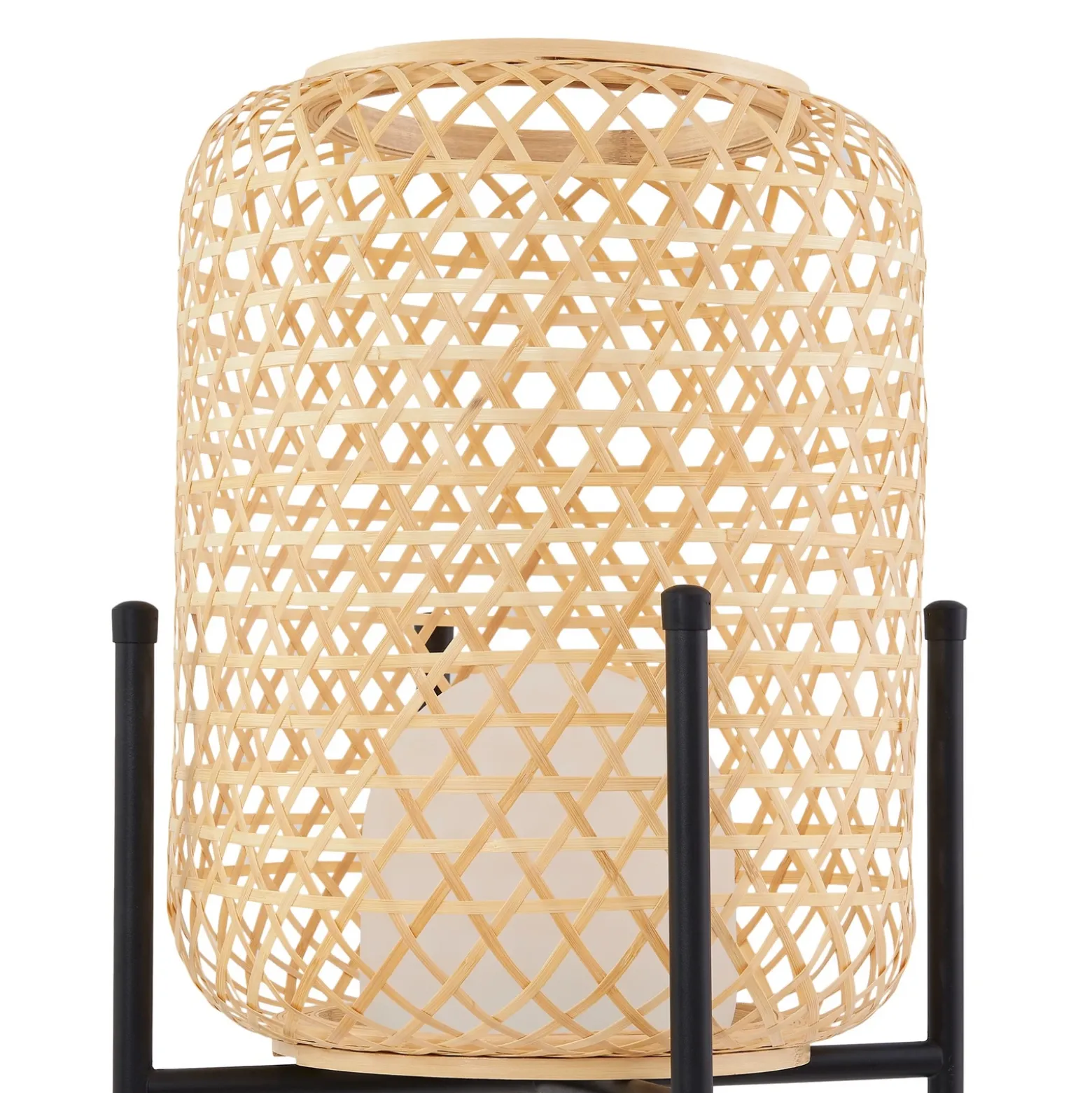 Lucande Lámpara de pie LED recargable Adebi, negra, bambú, Ø32,5cm