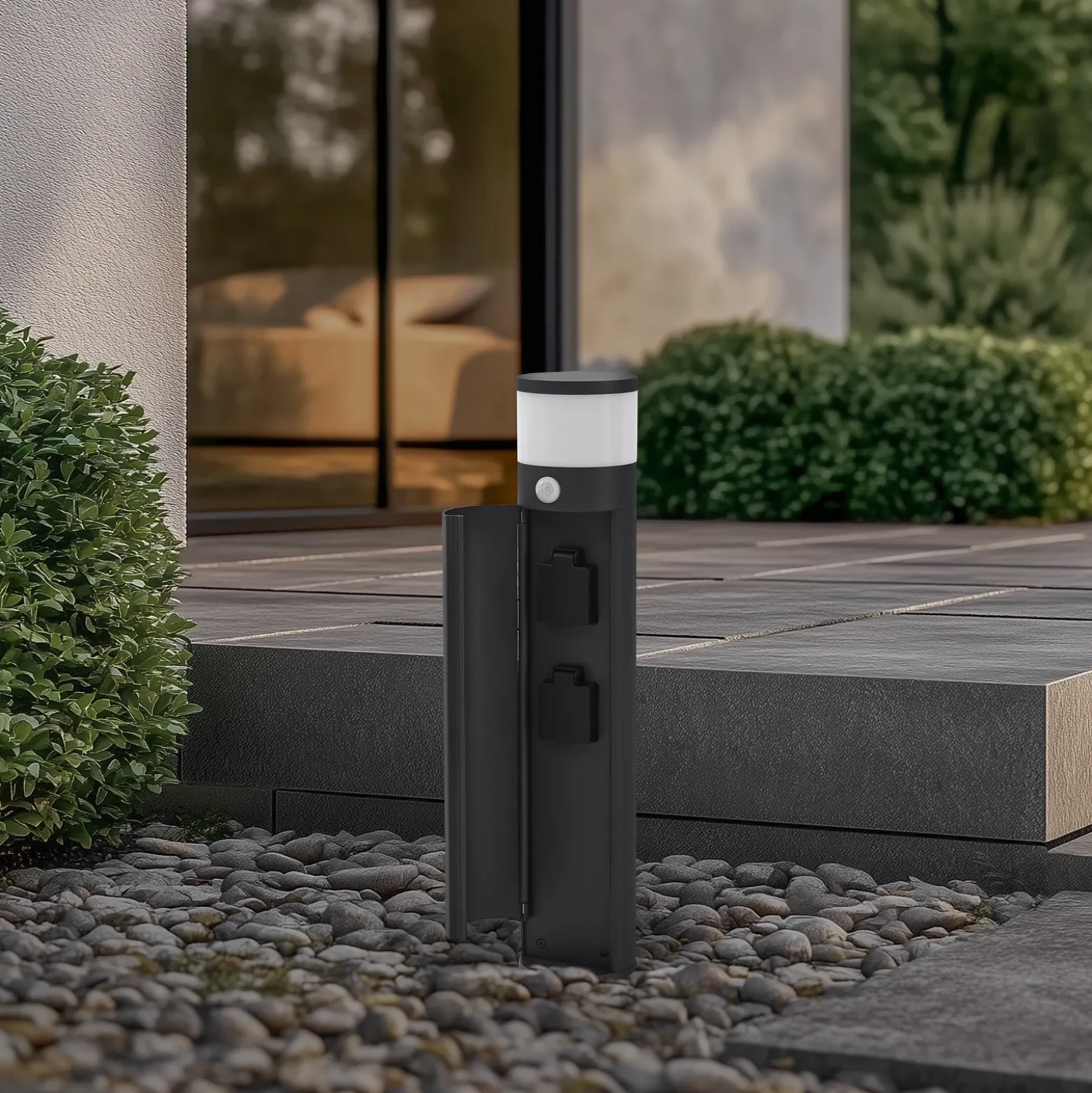 Lucande Lámpara sobremuro Corban, gris, sensor, enchufes, IP44