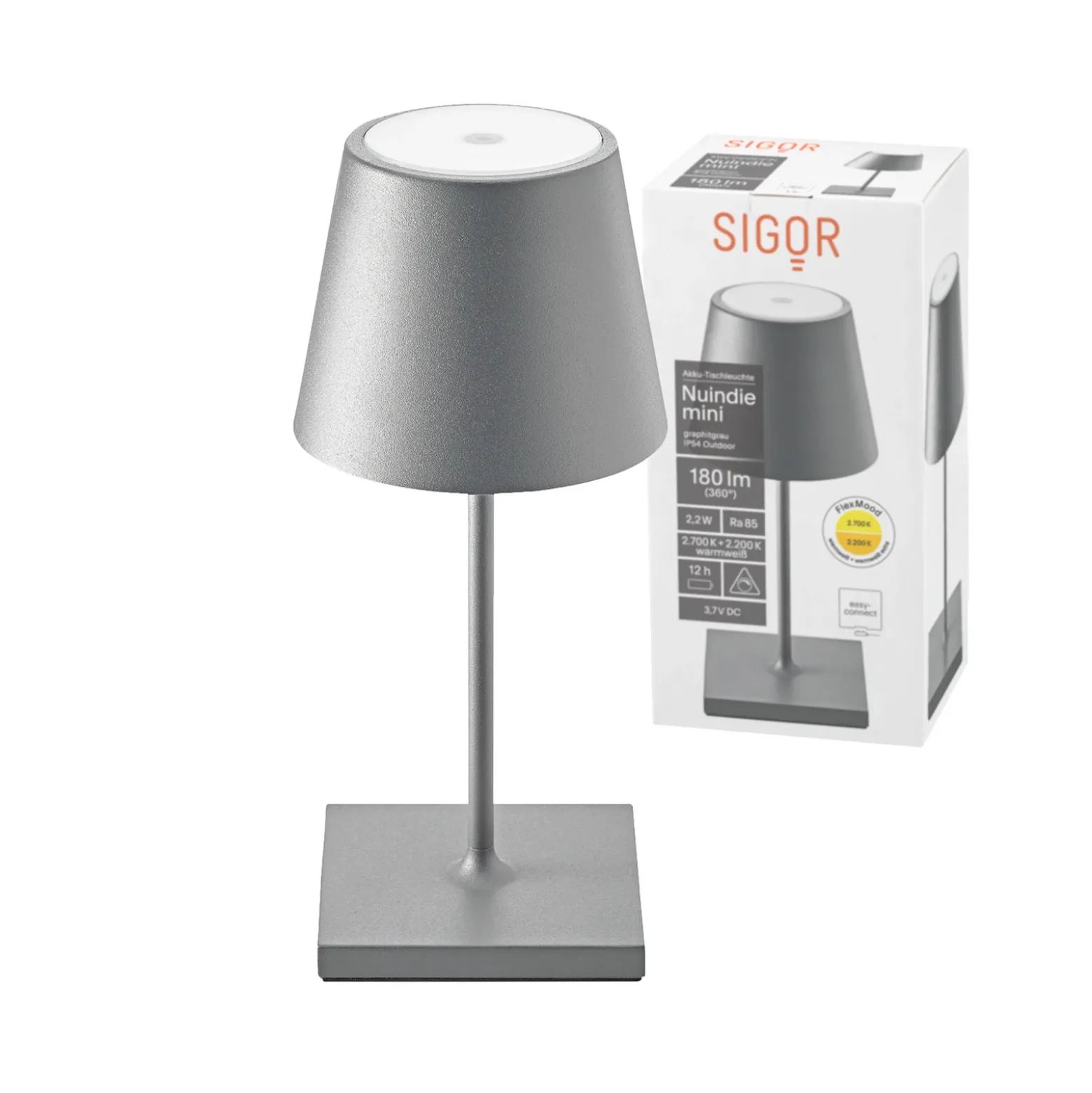 Nuindie mini LED lámpara de mesa recargable, USB, grafito, IP54, atenuable