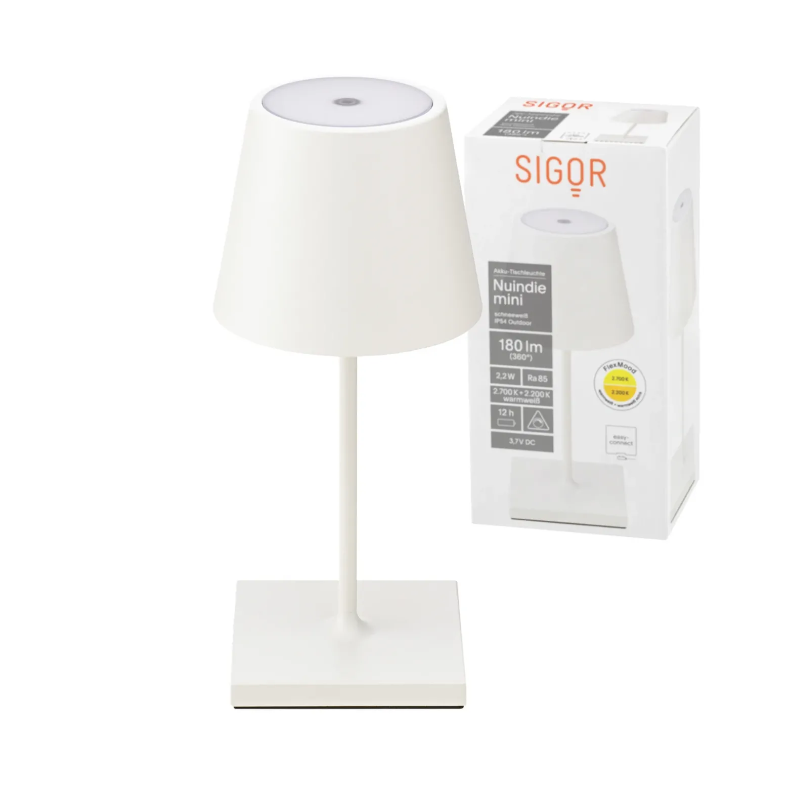 Nuindie mini lámpara de mesa LED recargable, USB-C, blanca, IP54, atenuable