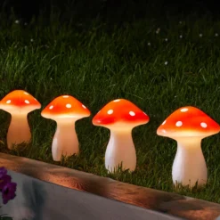 Pica solar LED Fairy Mushroom, juego de 4, rojo/blanco, IP44