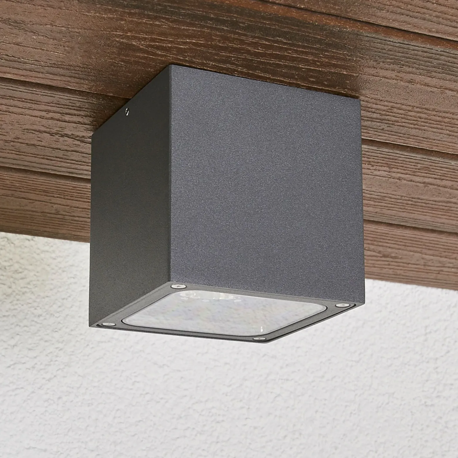 Plafón LED Lucande Tanea, 12 x 12 cm, gris oscuro, IP54
