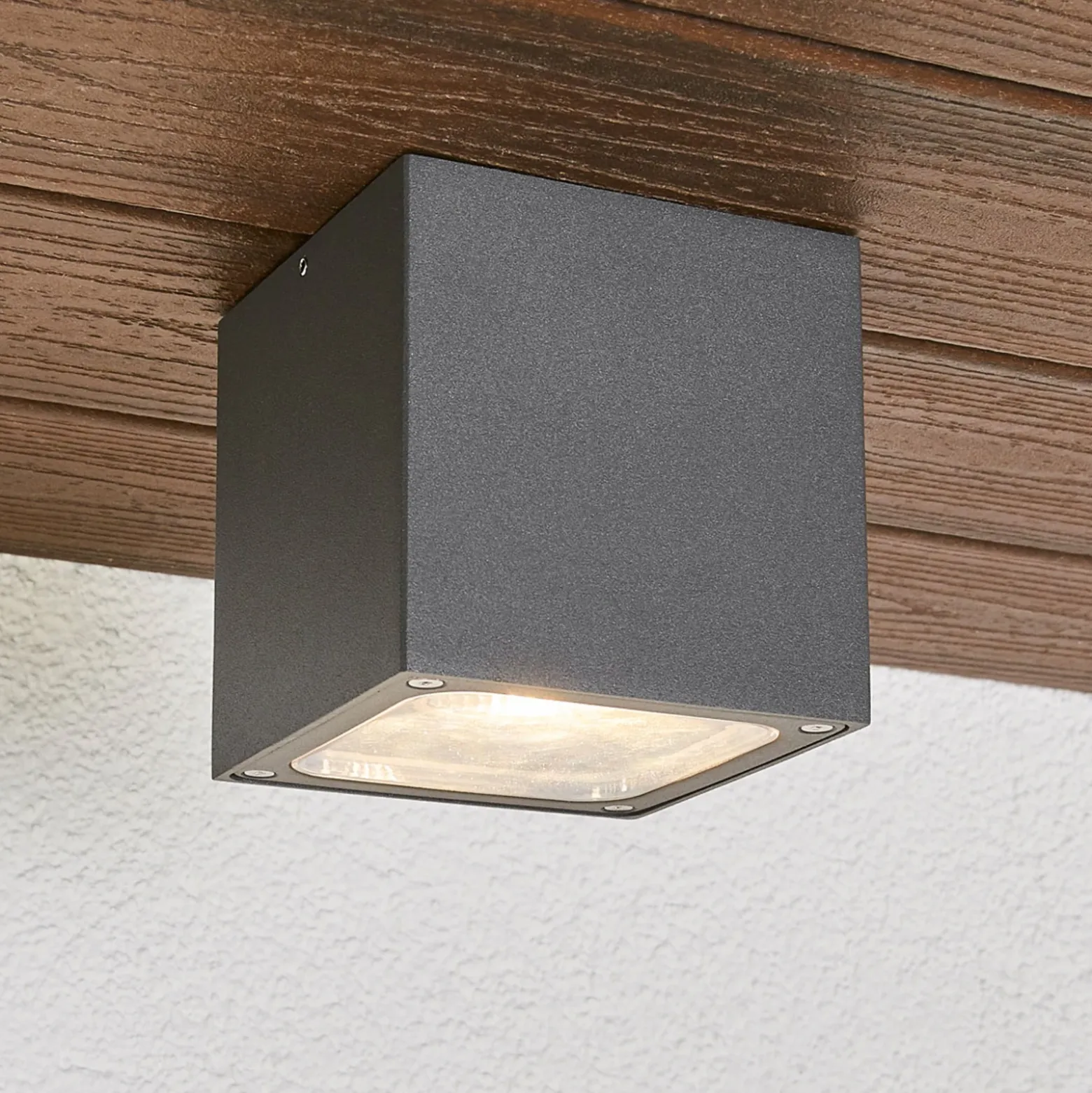 Plafón LED Lucande Tanea, 12 x 12 cm, gris oscuro, IP54