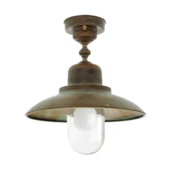Plafón para exterior Turino, IP44, latón, cristal, Ø 30 cm