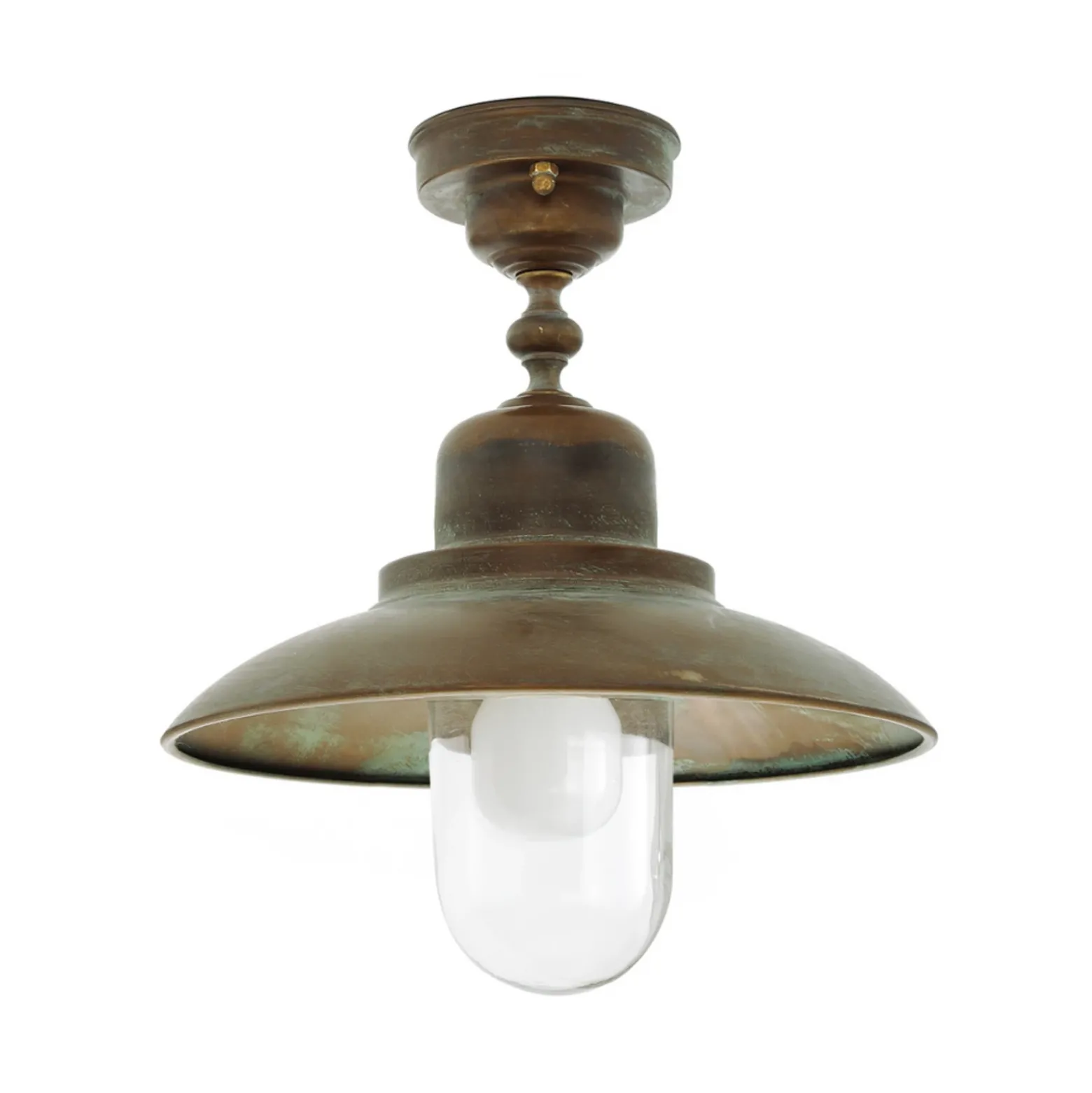 Plafón para exterior Turino, IP44, latón, cristal, Ø 30 cm