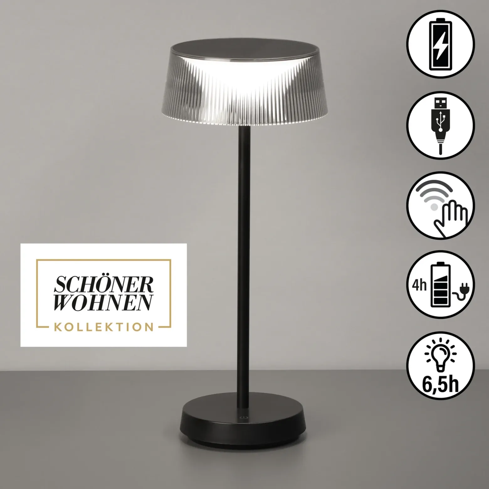 Schöner Wohnen Lámpara de mesa LED recargable Torre, IP44, atenuador
