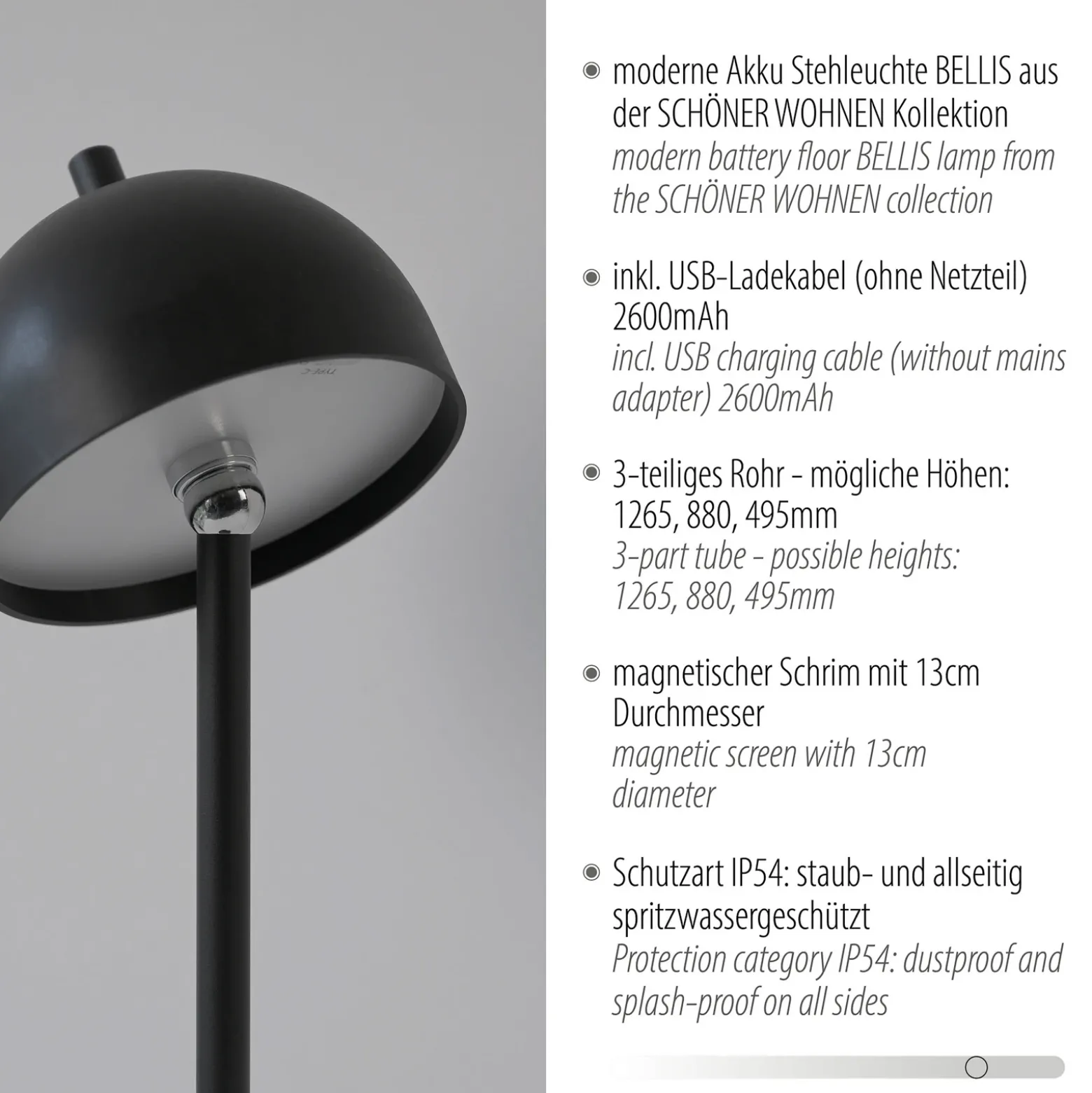 Schöner Wohnen Lámpara de pie LED recargable Bellis, negra, IP54