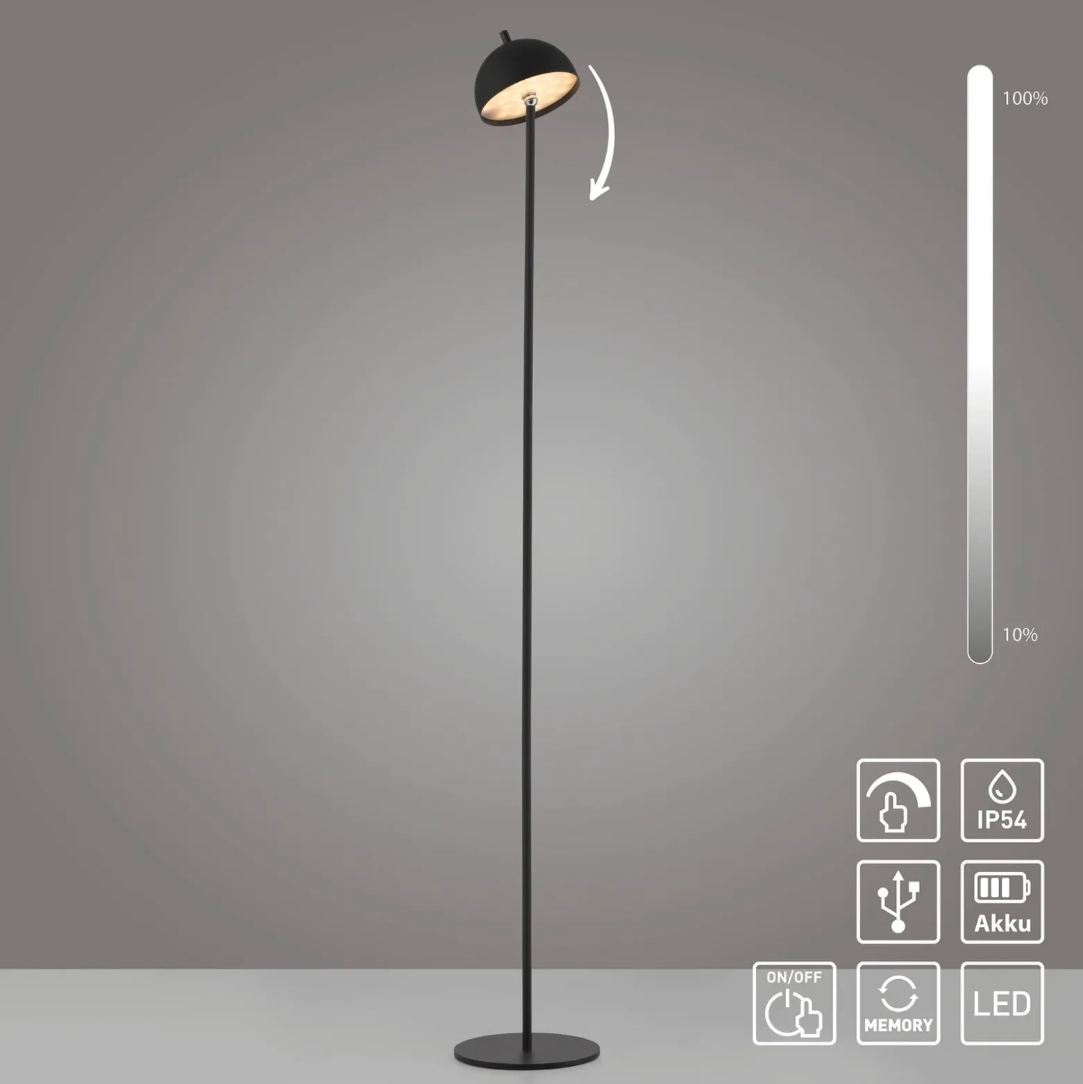 Schöner Wohnen Lámpara de pie LED recargable Bellis, negra, IP54
