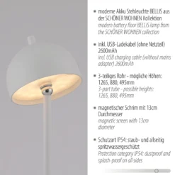 Schöner Wohnen Lámpara de pie LED recargable Bellis, blanca, IP54