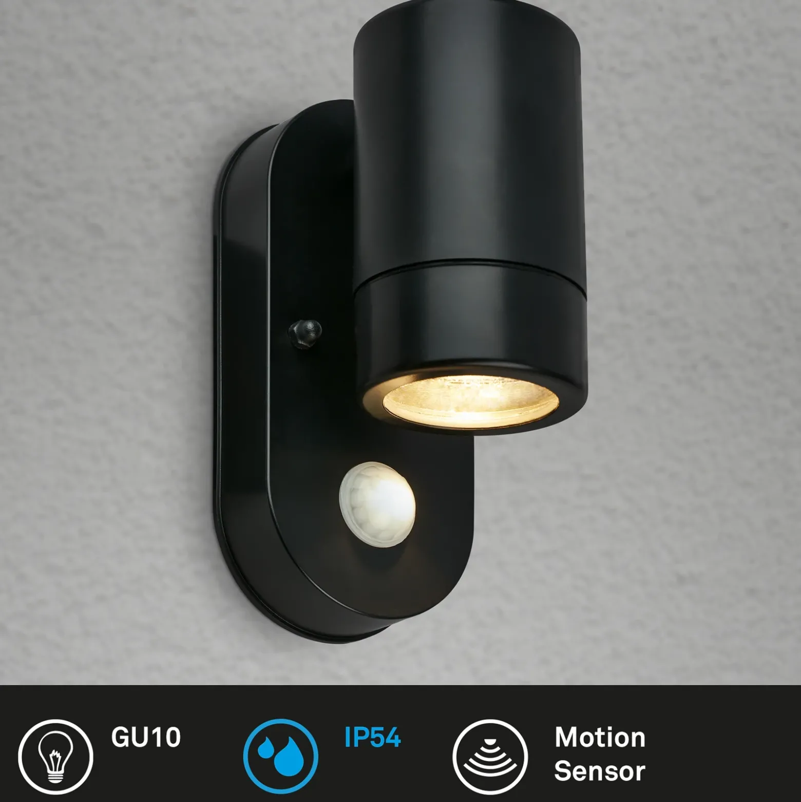 Sensor aplique de exterior 3789015, negro, plástico, GU10
