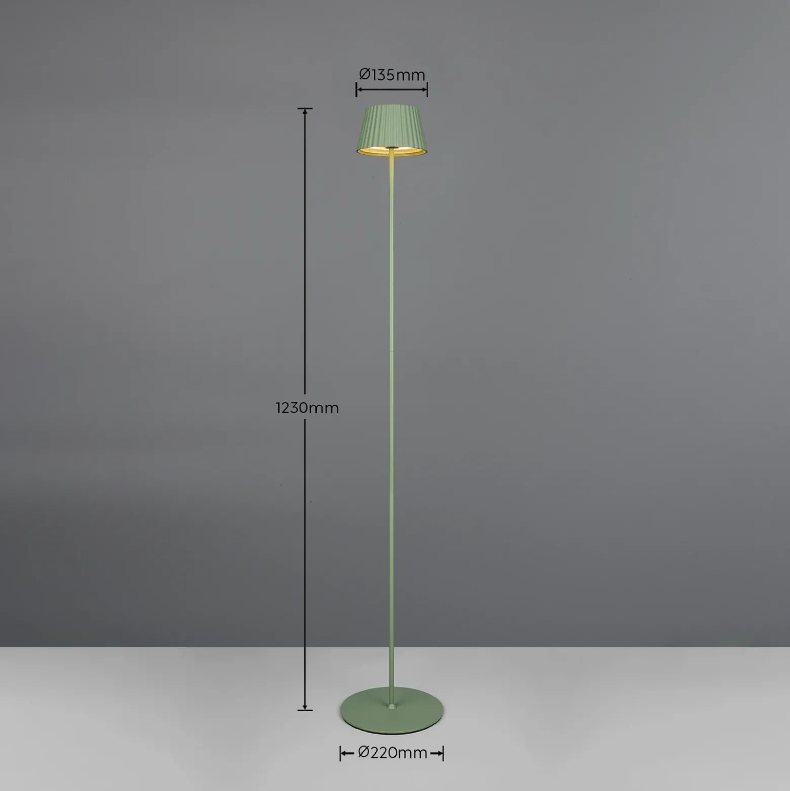 Suárez lámpara de pie LED recargable, verde, altura 123 cm, metal