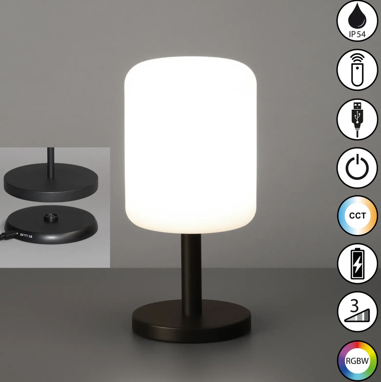 Volterra Pro LED lámpara de mesa recargable, IP54, RGBW, control remoto